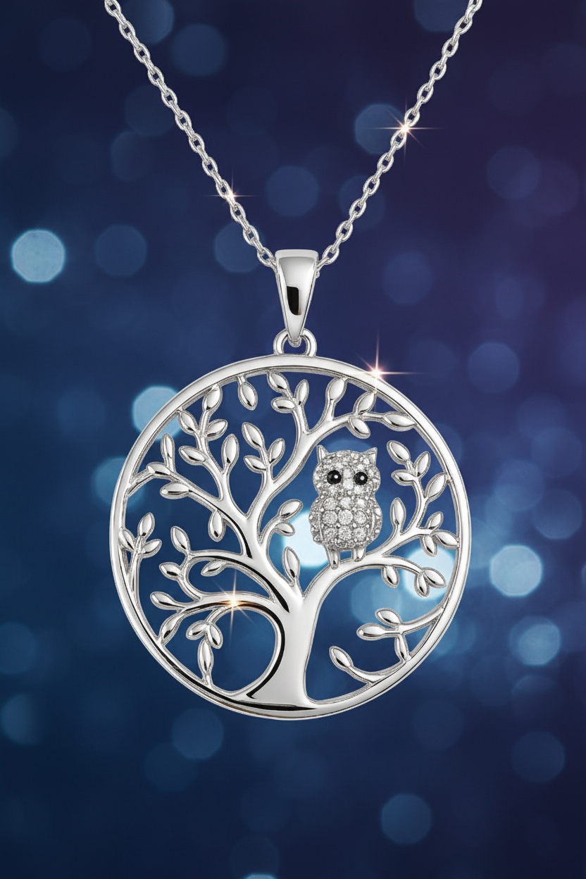 Collier Arbre de Vie & Hibou en Argent 925 Rhodié –  serti de Zirconium