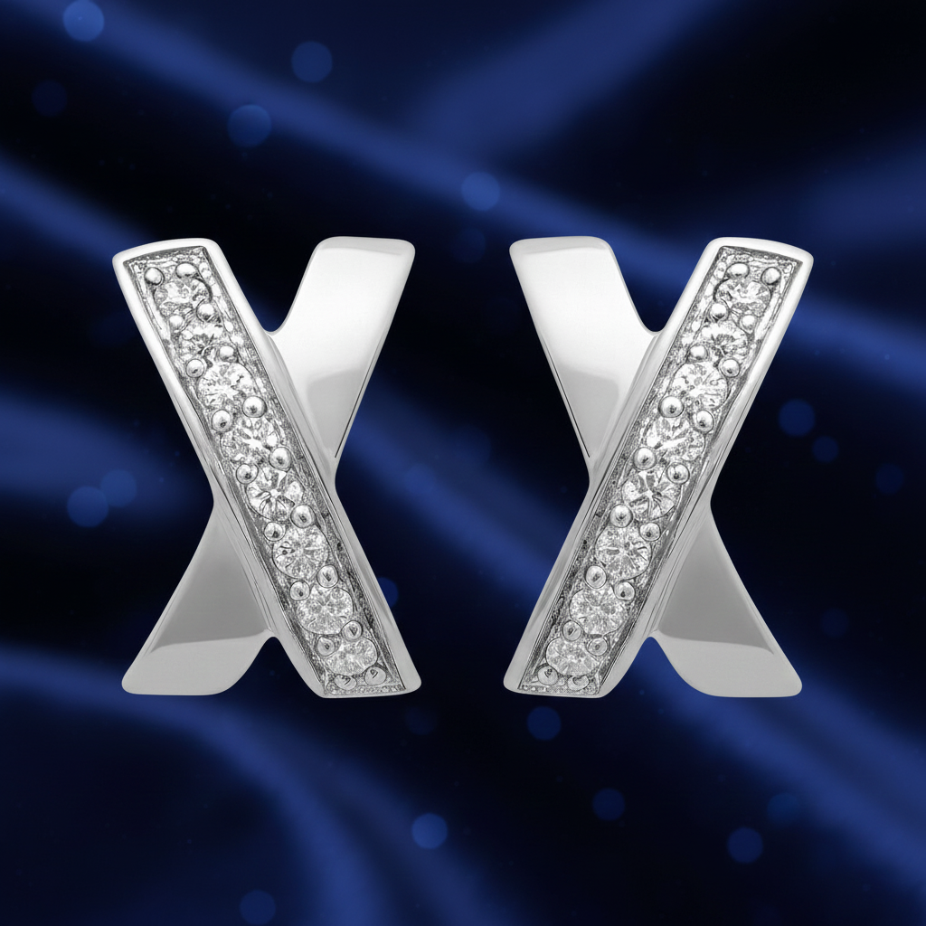 Boucles d’Oreilles Croix Stylisée en Argent Rhodié & Zirconium Blanc – Élégance Moderne