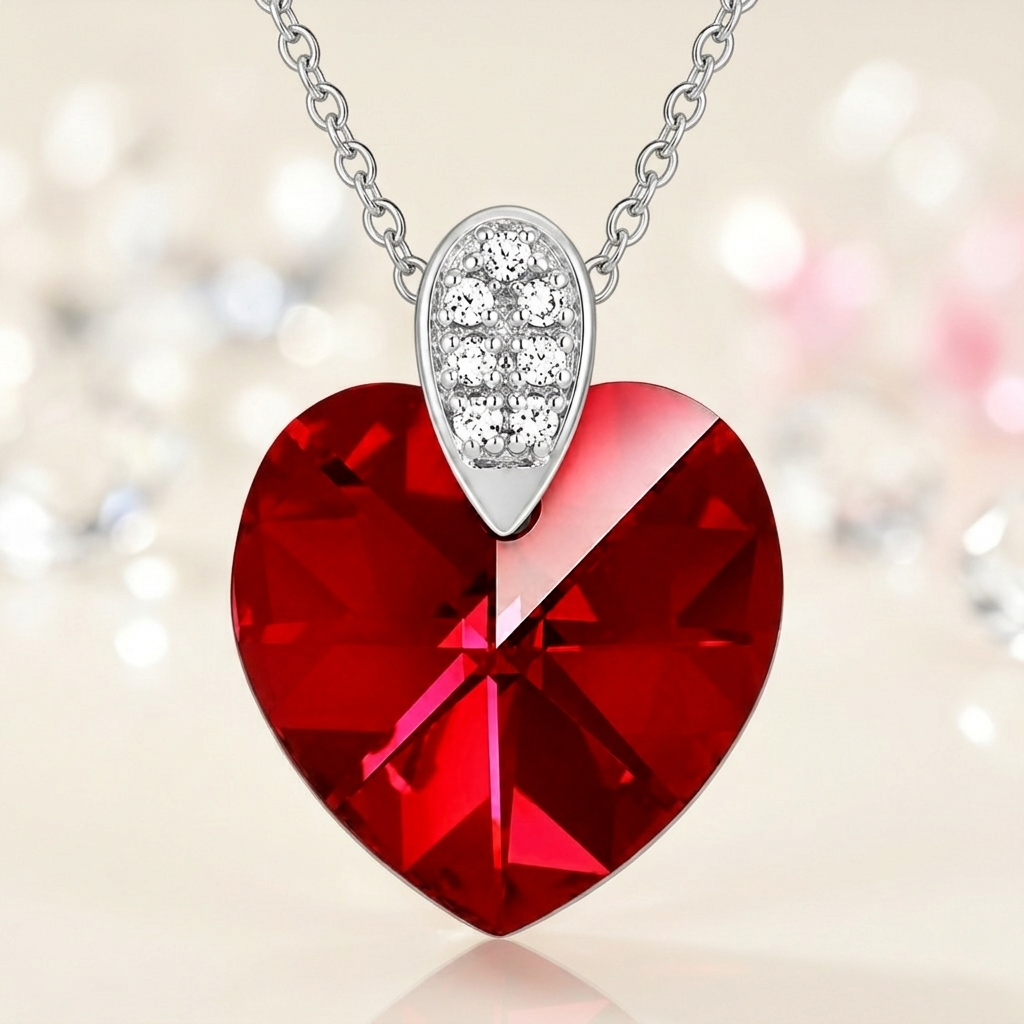 Collier Cœur Cristal rouge & Zirconiums en Argent 925 Rhodié