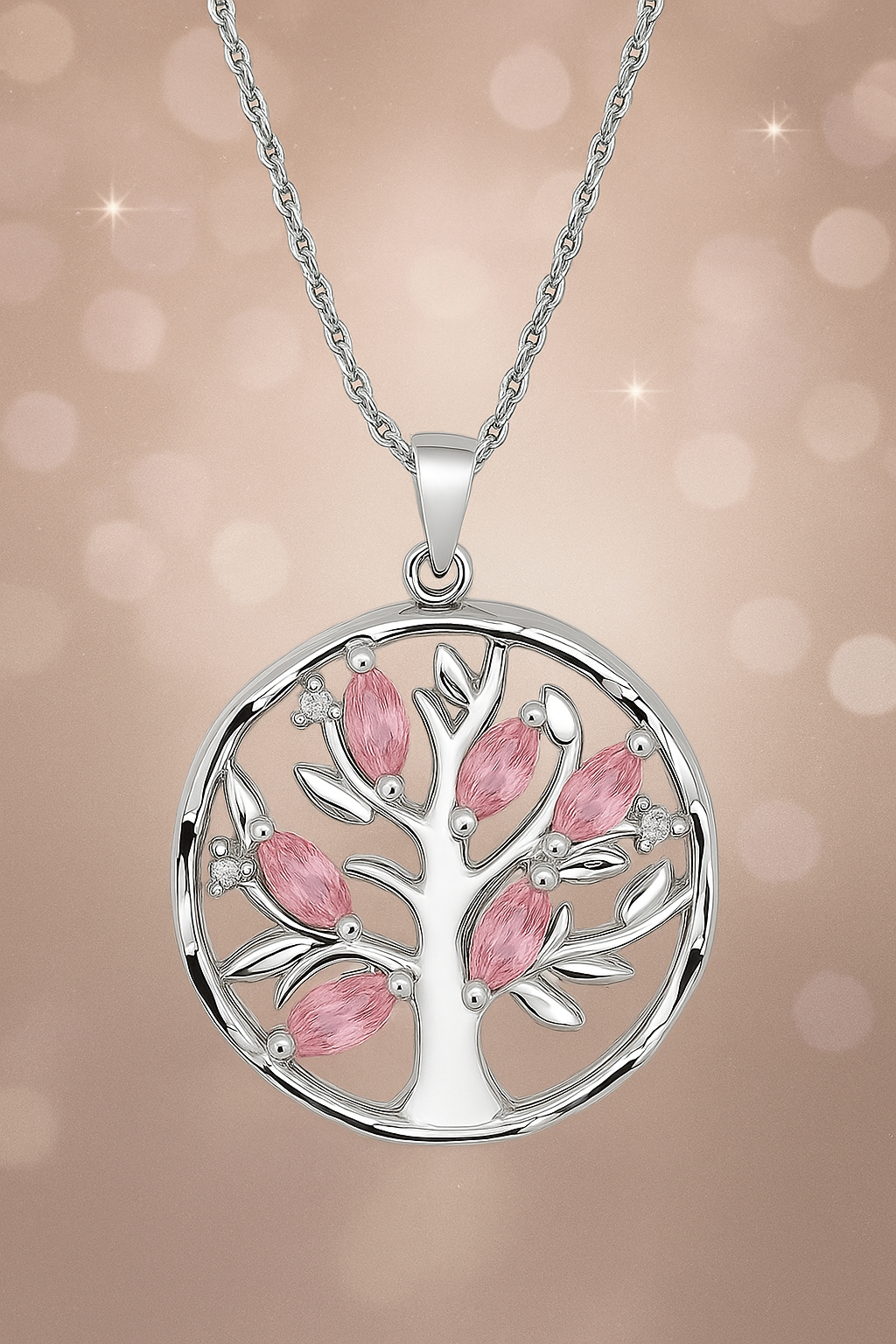 Collier Arbre de Vie en Argent 925 Rhodié & Zirconium – Pendentif Pierre Rose