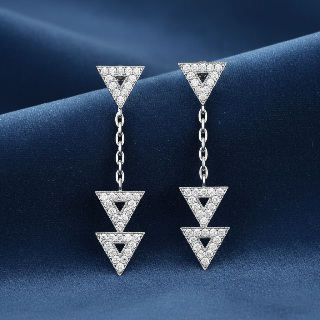 Boucles d’oreilles pendantes triangles en argent rhodié & zirconium blanc – Élégance géométrique