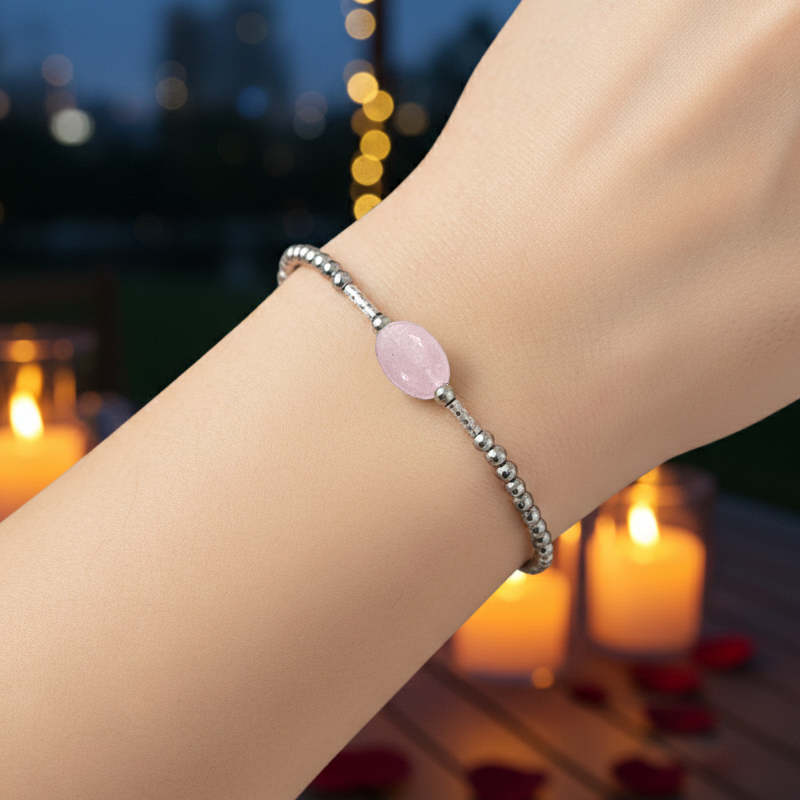 Bracelet en Argent 925 Rhodié & Quartz Rose