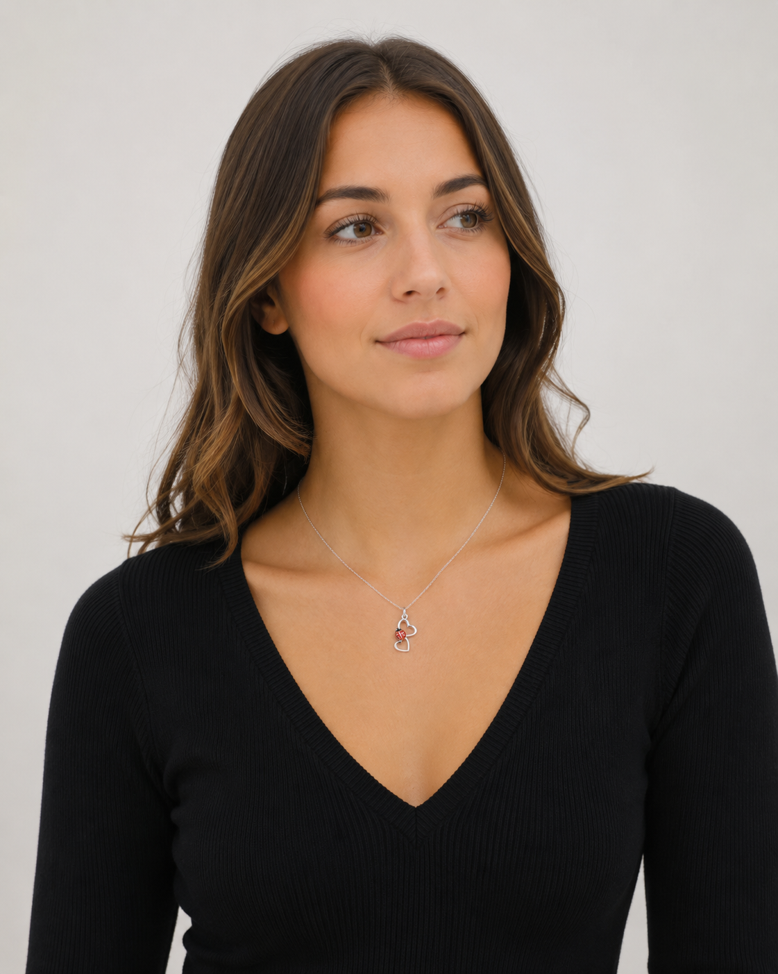 Collier Coccinelle 2 Cœurs en Argent 925 Rhodié & Laque Rouge