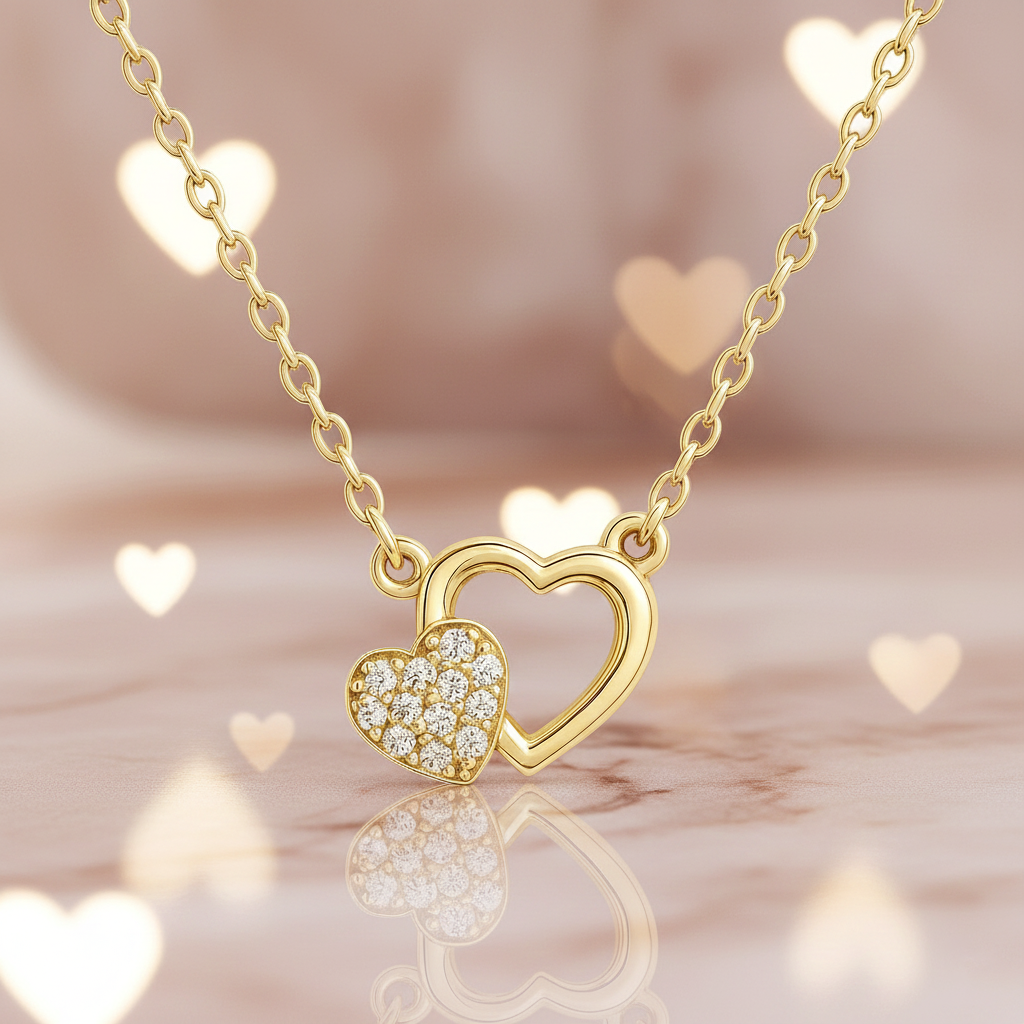 Collier Double Cœur – Plaqué Or & Zirconium