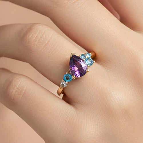 Bague plaqué or  – Zirconiums violet, bleu & blanc
