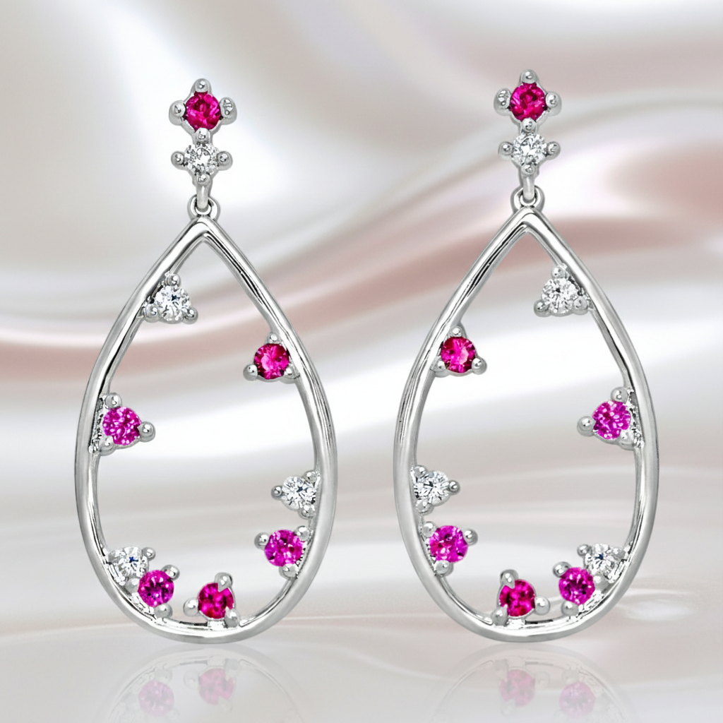 Boucles d’Oreilles Goutte Argent 925 Rhodié & Zirconiums Roses