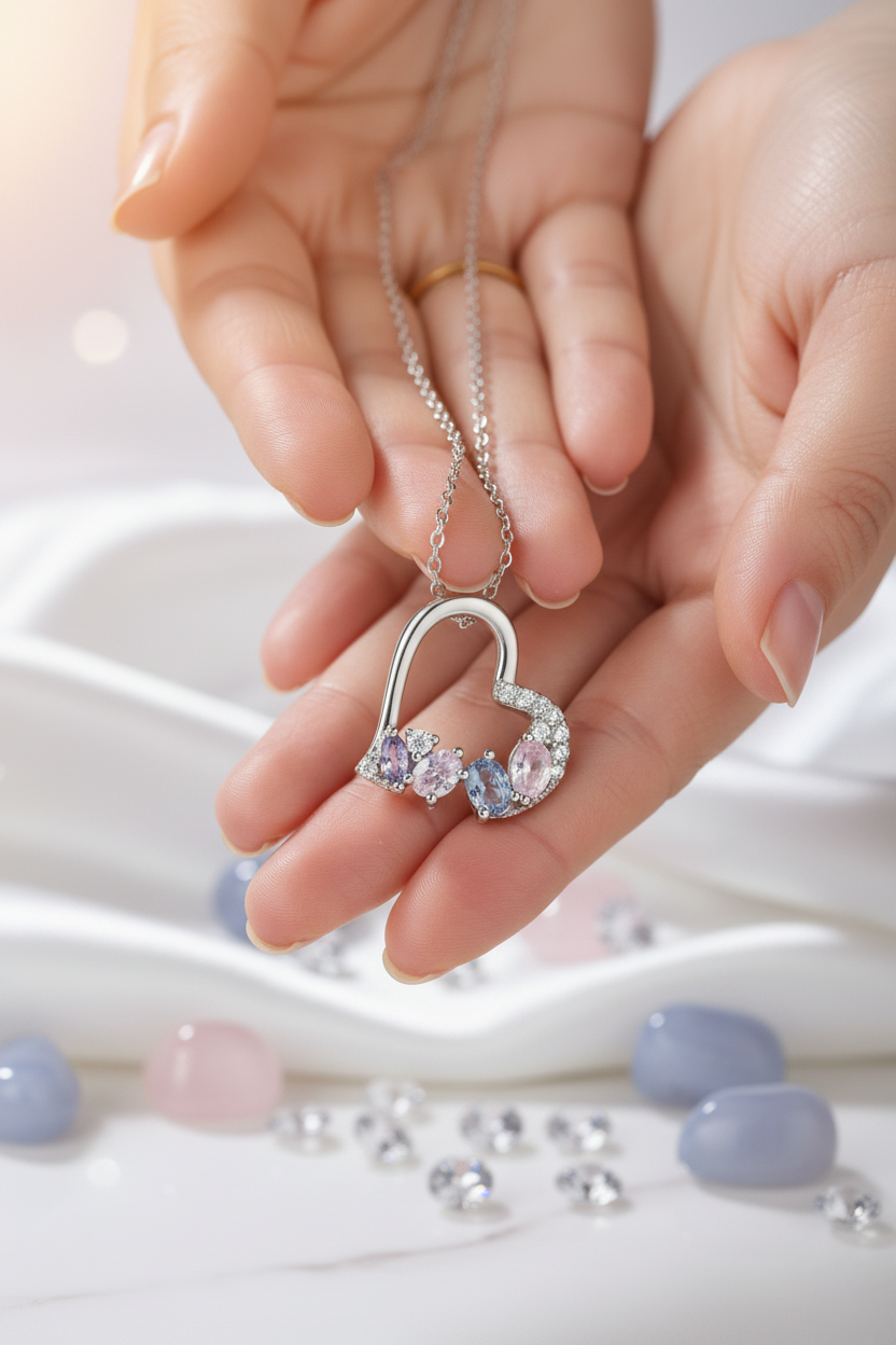 Collier Cœur en Argent 925 Rhodié – Zirconium & Pierres Pastel