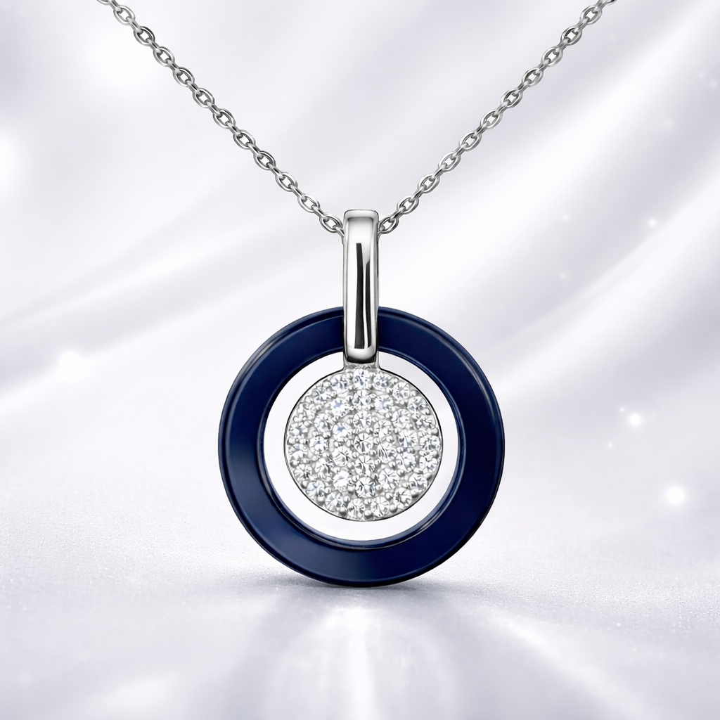 Collier Cercle Élégance – Argent 925 Rhodié, Céramique Bleu & Zirconium