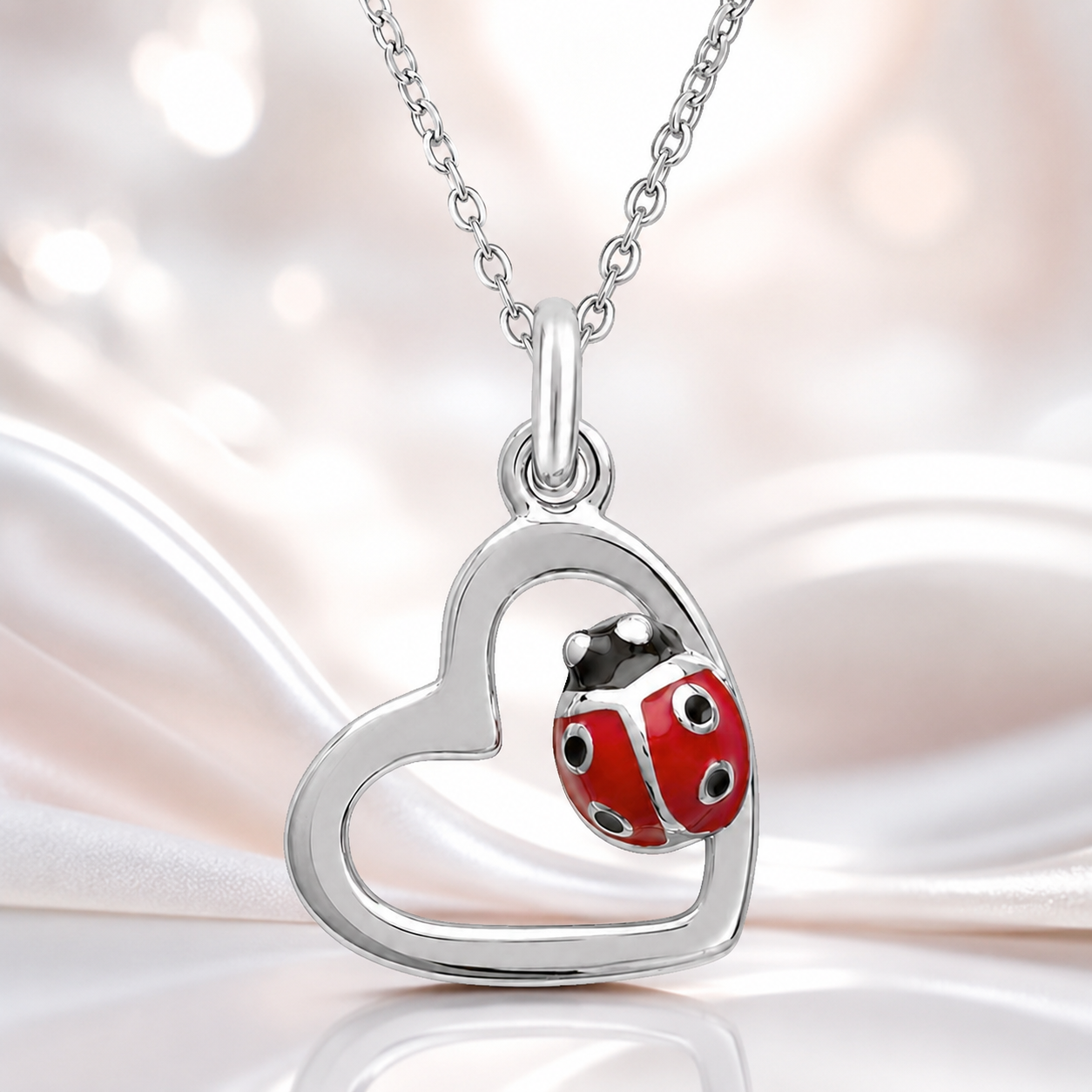 Collier Coccinelle Cœur en Argent 925 Rhodié & Laque Rouge