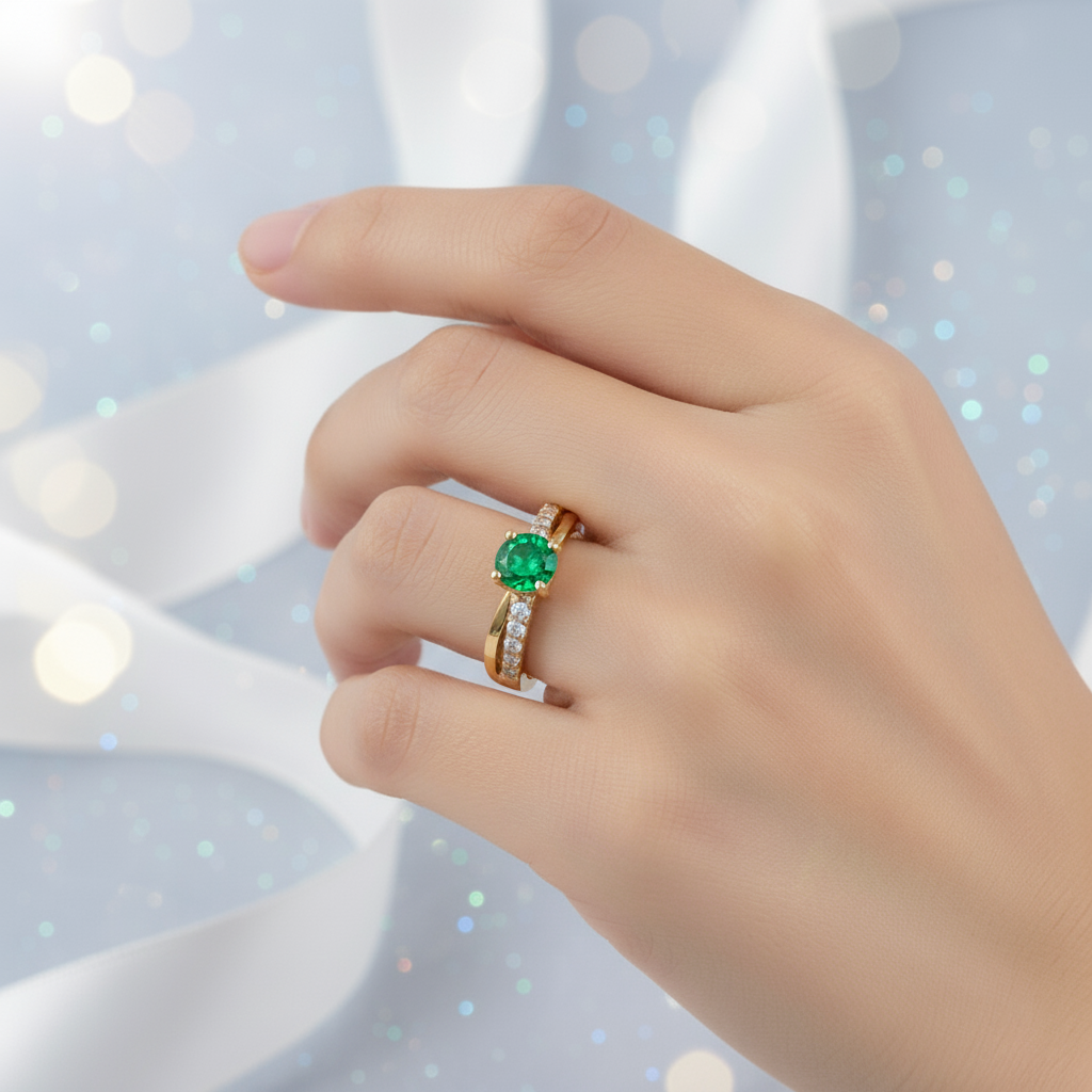 Bague Femme Plaqué Or – Zirconium vert Étincelant – Finition Luxe
