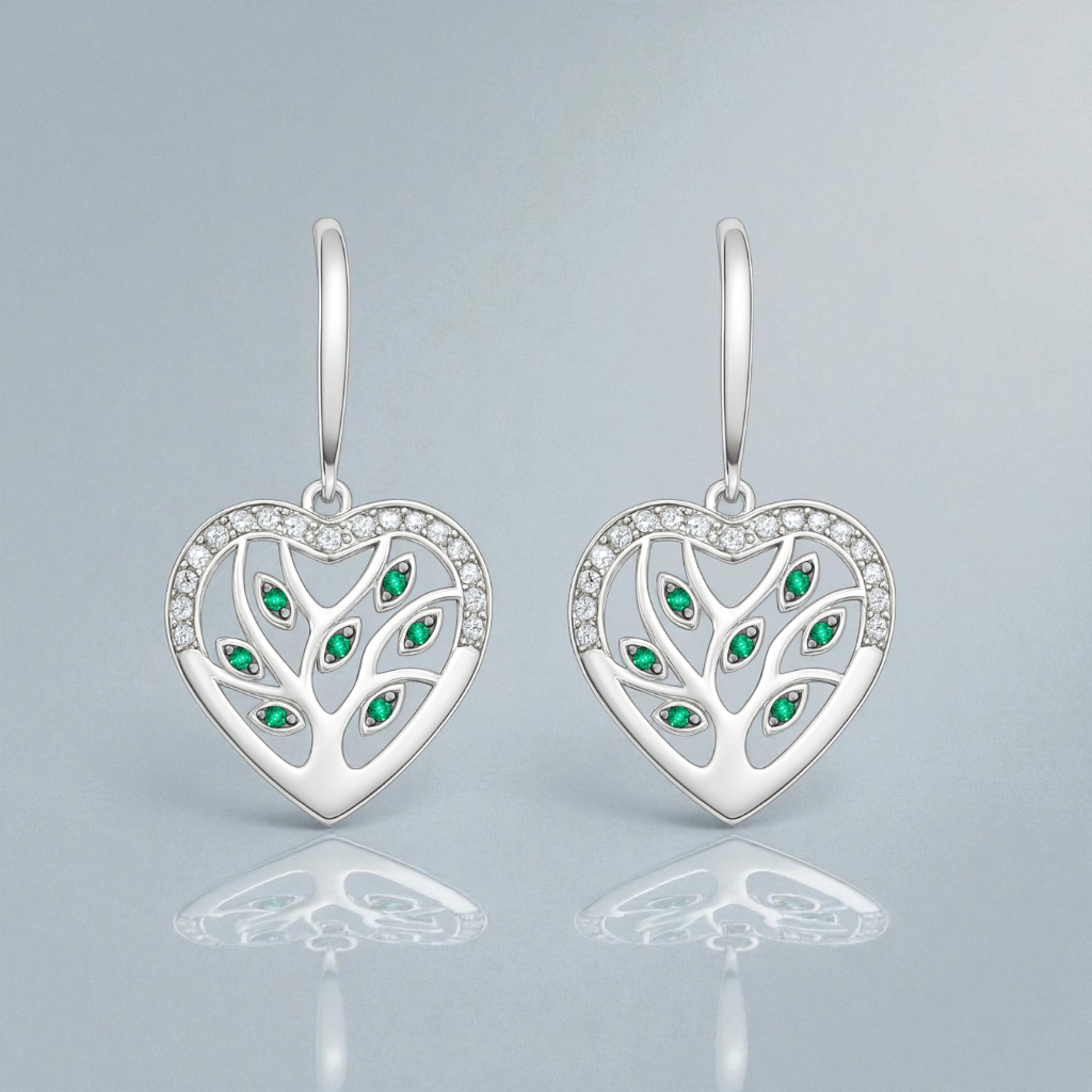 Boucles d’oreilles Cœur Arbre de Vie – Argent Rhodié, Zirconiums Blancs & Verts