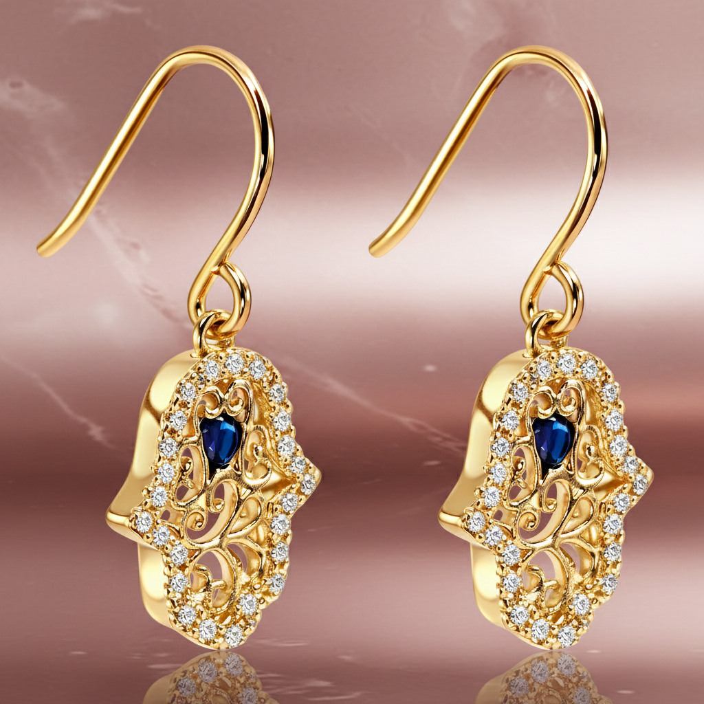 Boucles d’oreilles Main de Fatma – Plaqué Or 18 Carats & Zirconium