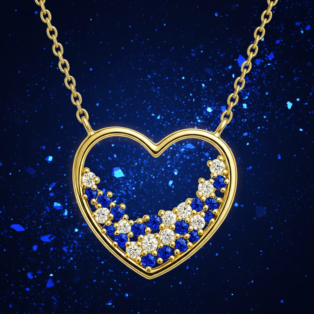 Collier Cœur Plaqué Or – Zirconiums Bleus & Blancs – Chaîne 40 + 5 cm