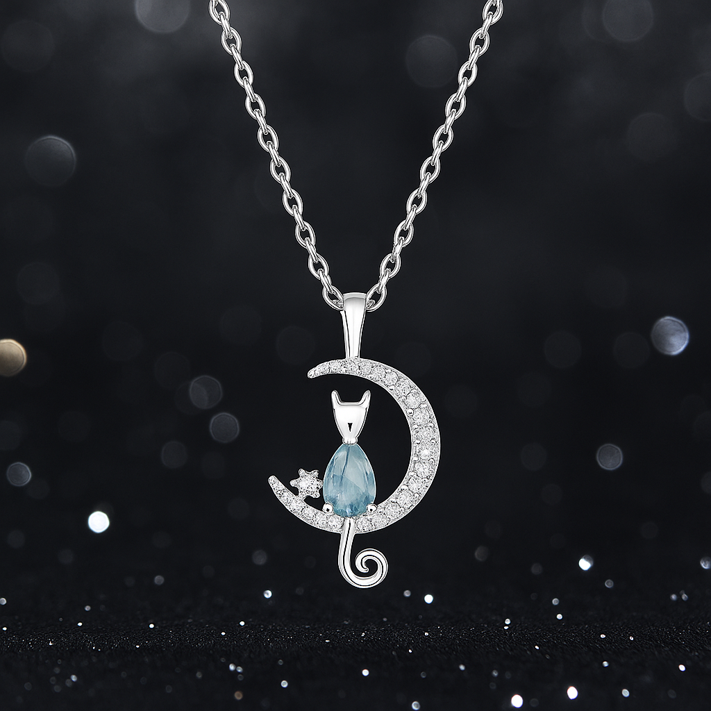 Collier Chat & Lune – Argent 925 Rhodié & Zirconium