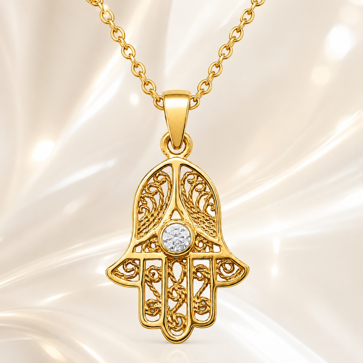 Collier Main de Fatma Plaqué Or Jaune 18 Carats & Zirconium Blanc