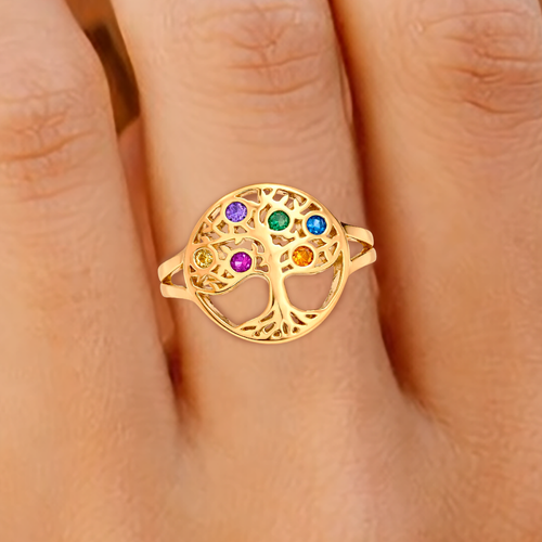 Bague Arbre de Vie – Plaqué Or 18 Carats & Zirconium Multicolore