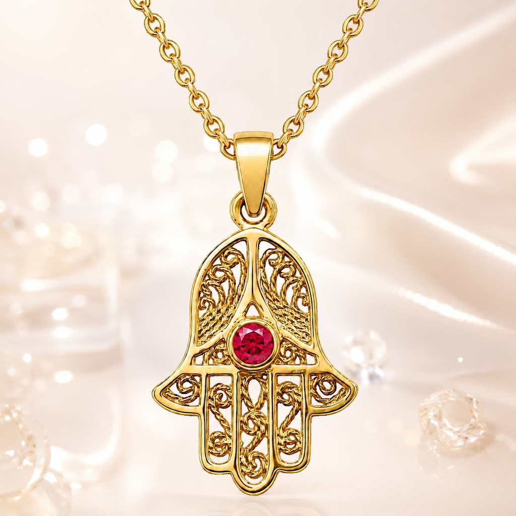 Collier Main de Fatma Plaqué Or Jaune 18 Carats & Zirconium rouge