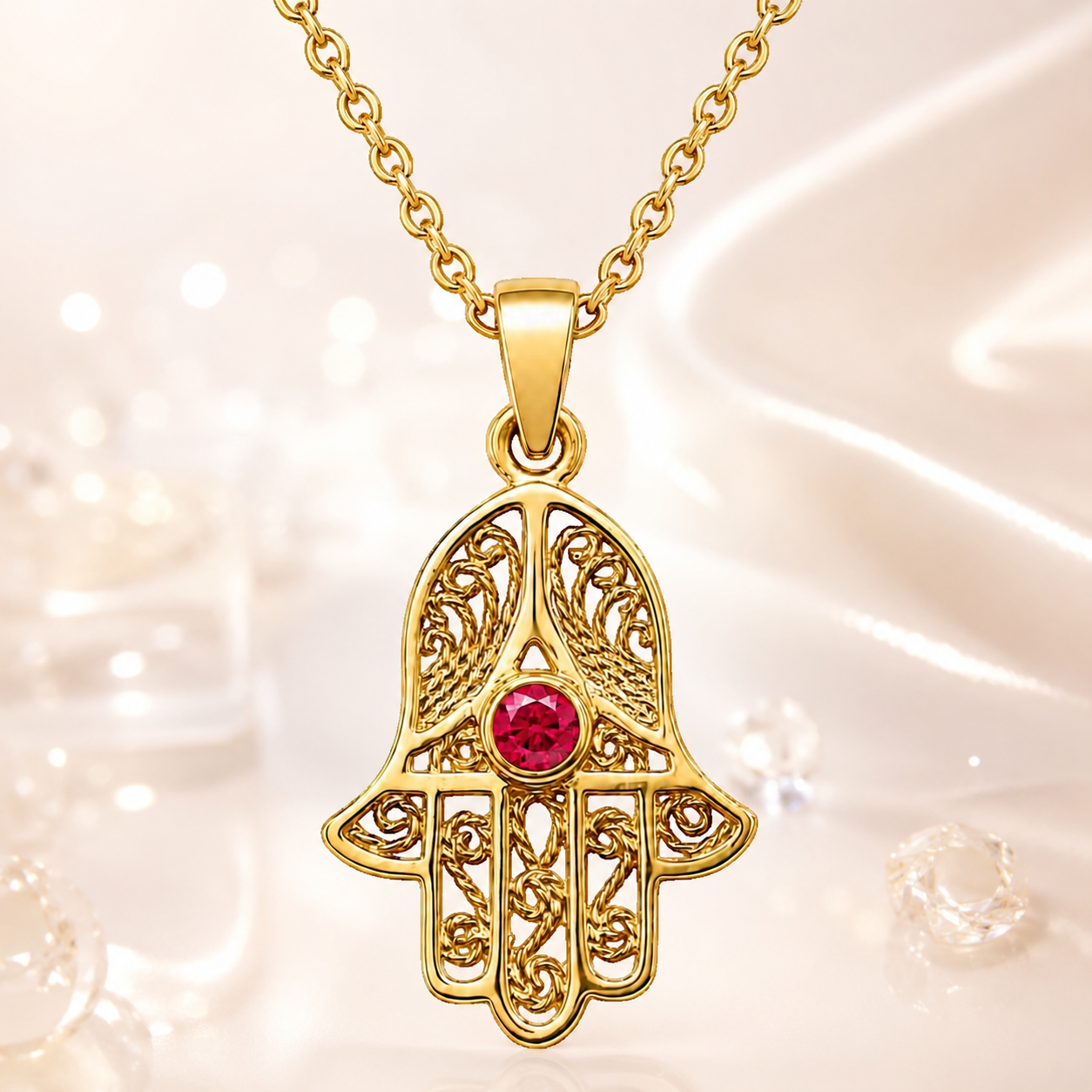 Collier Main de Fatma Plaqué Or Jaune 18 Carats & Zirconium rouge