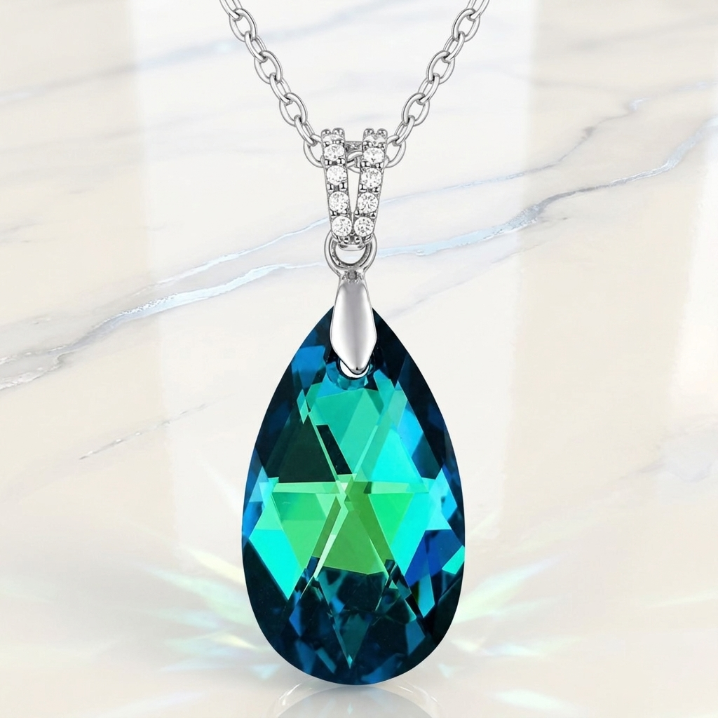 Collier Argent 925 Rhodié, Zirconiums & Cristal Bleu Vert