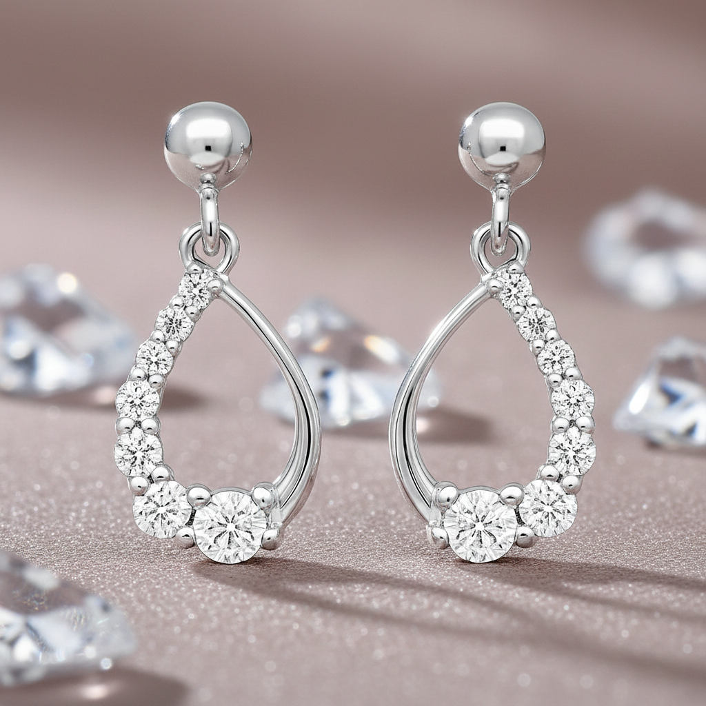 Boucles d’oreilles pendantes en argent rhodié & zirconium blanc – Élégance Goutte Cristalline