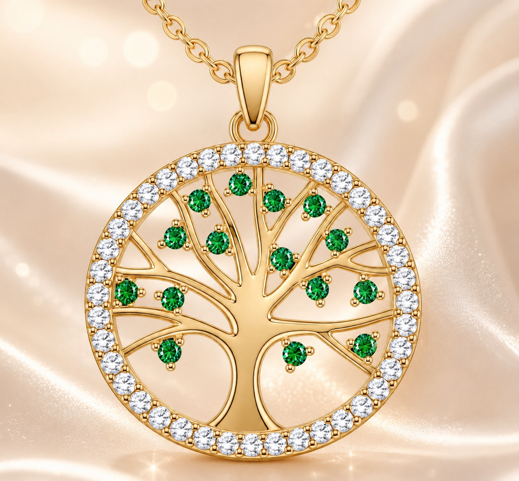 Collier Arbre de Vie – Plaqué Or Jaune 18 Carats & Zirconiums Verts et Blancs