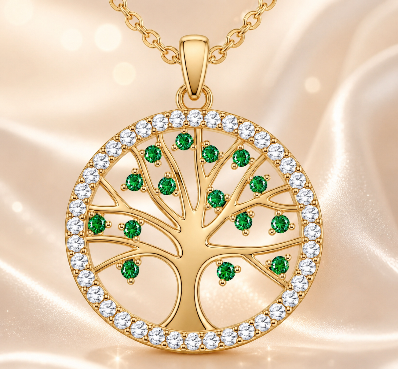 Collier Arbre de Vie – Plaqué Or Jaune 18 Carats & Zirconiums Verts et Blancs