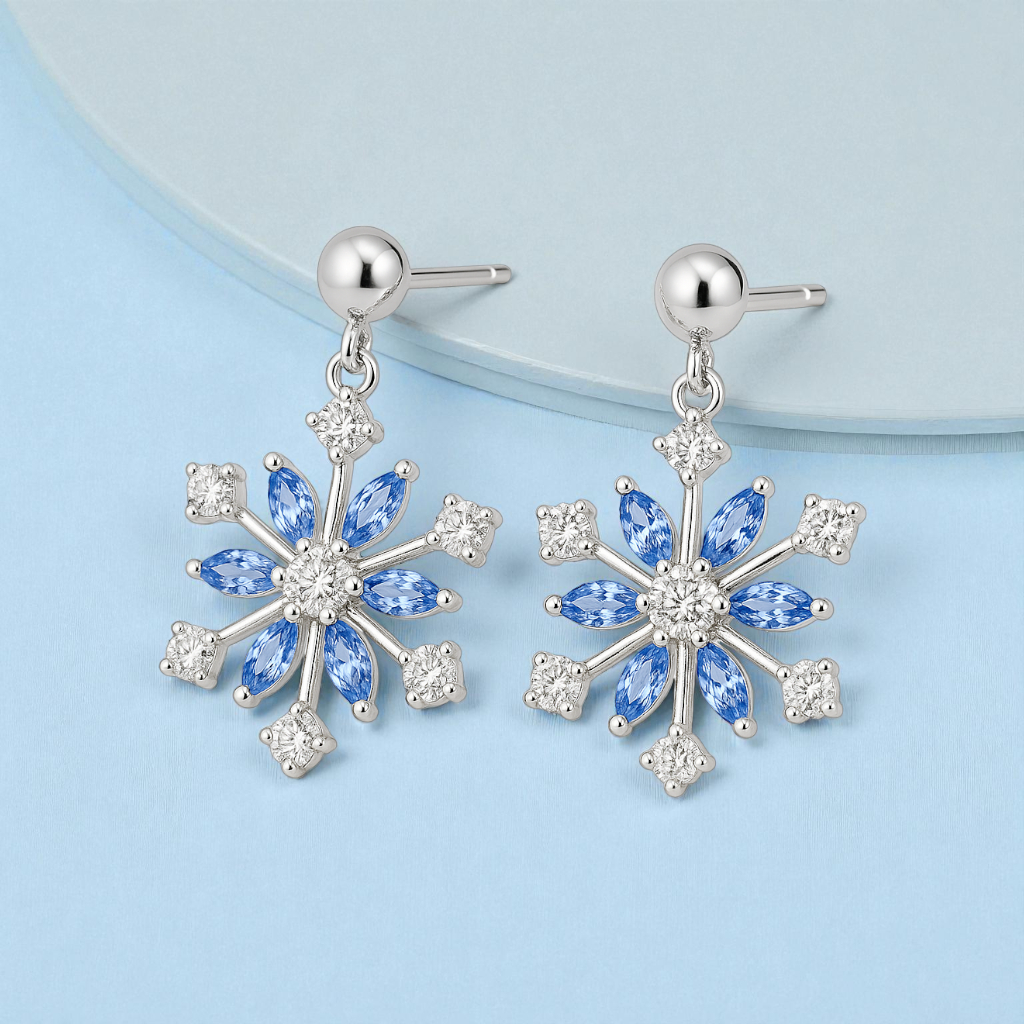 Boucles d’oreilles Flocon – Argent Rhodié & Zirconium Bleu et Blanc