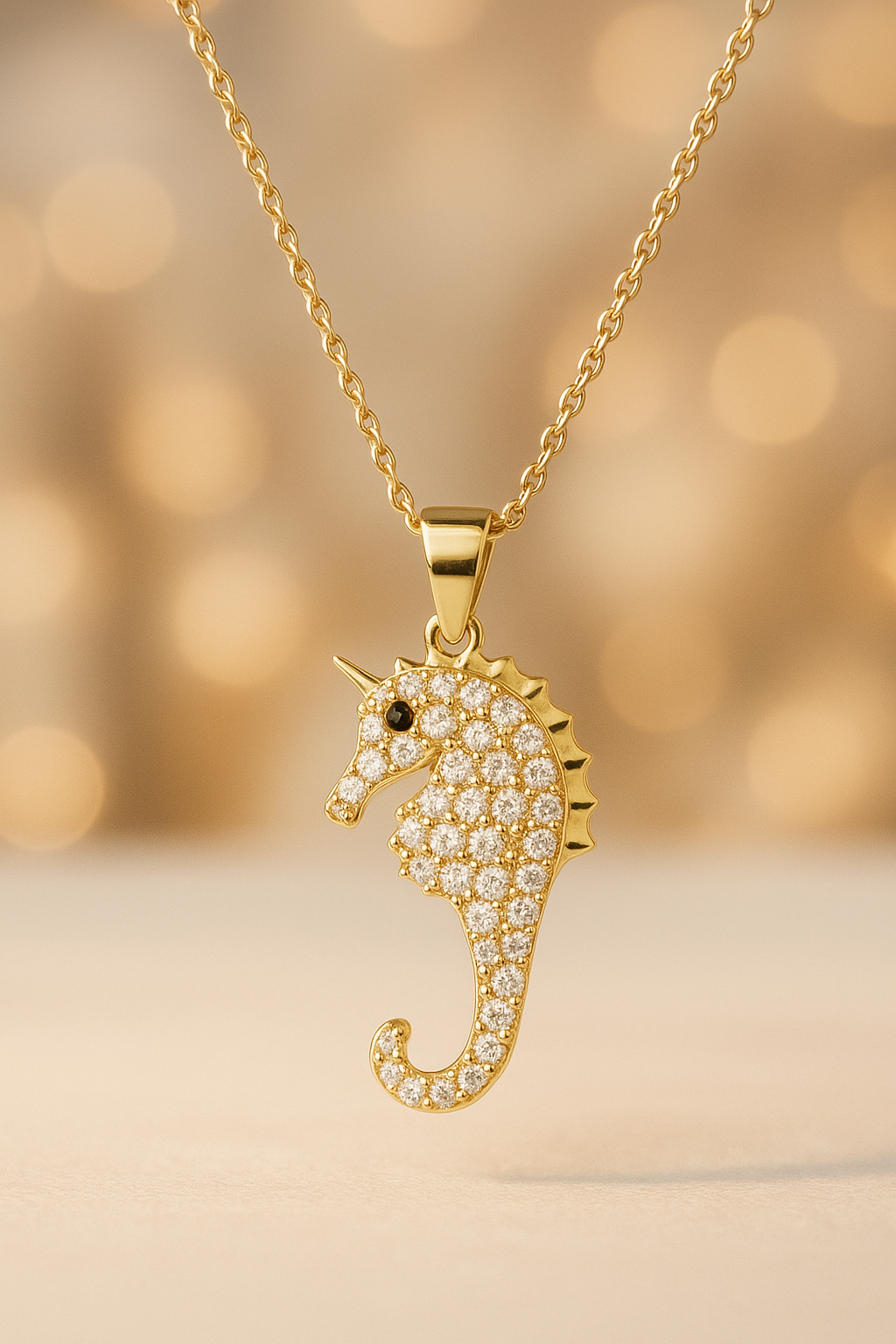 Collier Hippocampe Plaqué Or – Chaîne 40+5 cm – Pendentif Zircons Premium