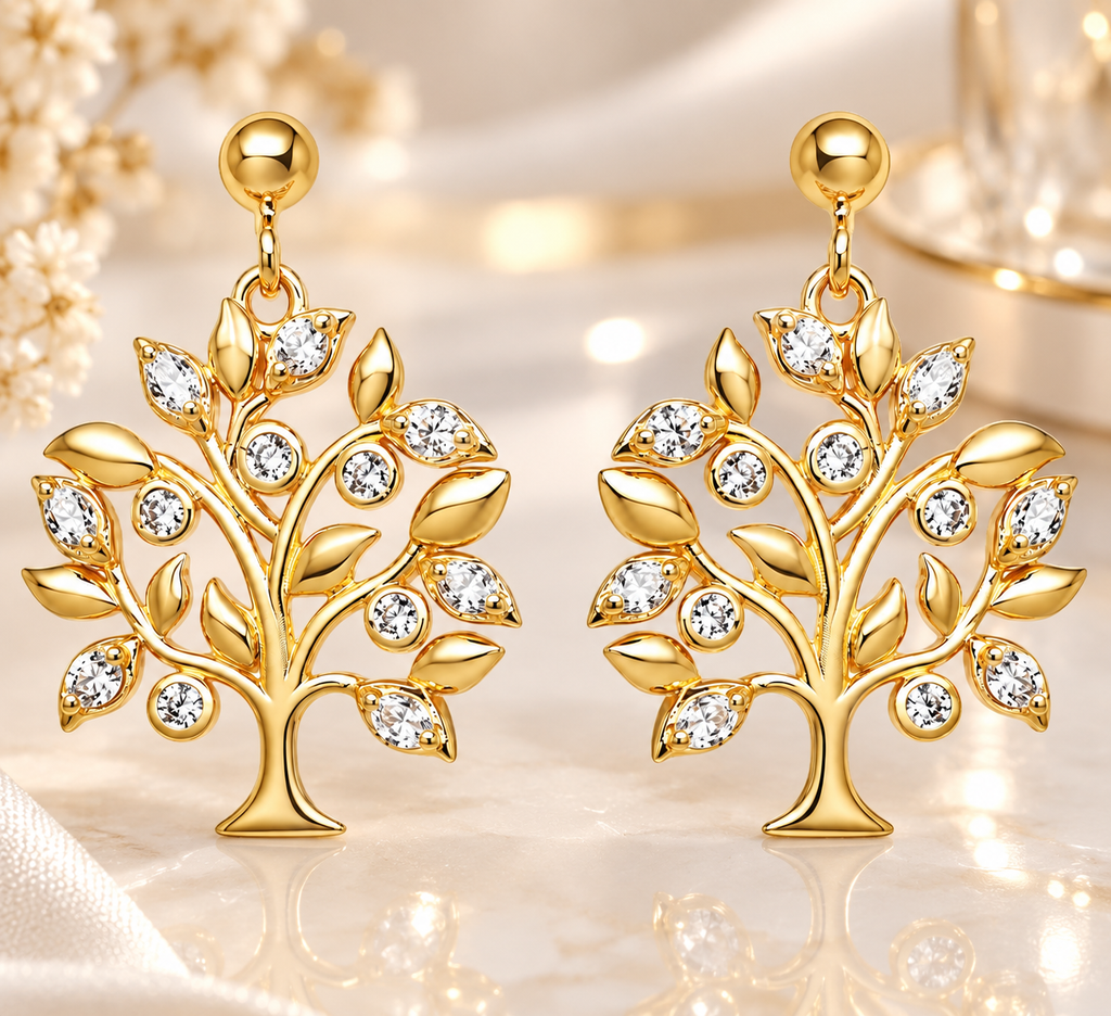 Boucles d’oreilles Arbre de Vie en plaqué or 18 carats et zirconiums