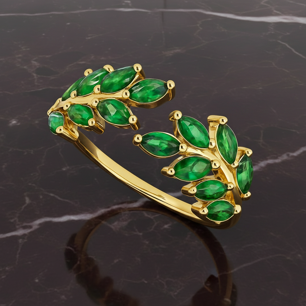 Bague feuille en plaqué or – Zirconiums verts scintillants