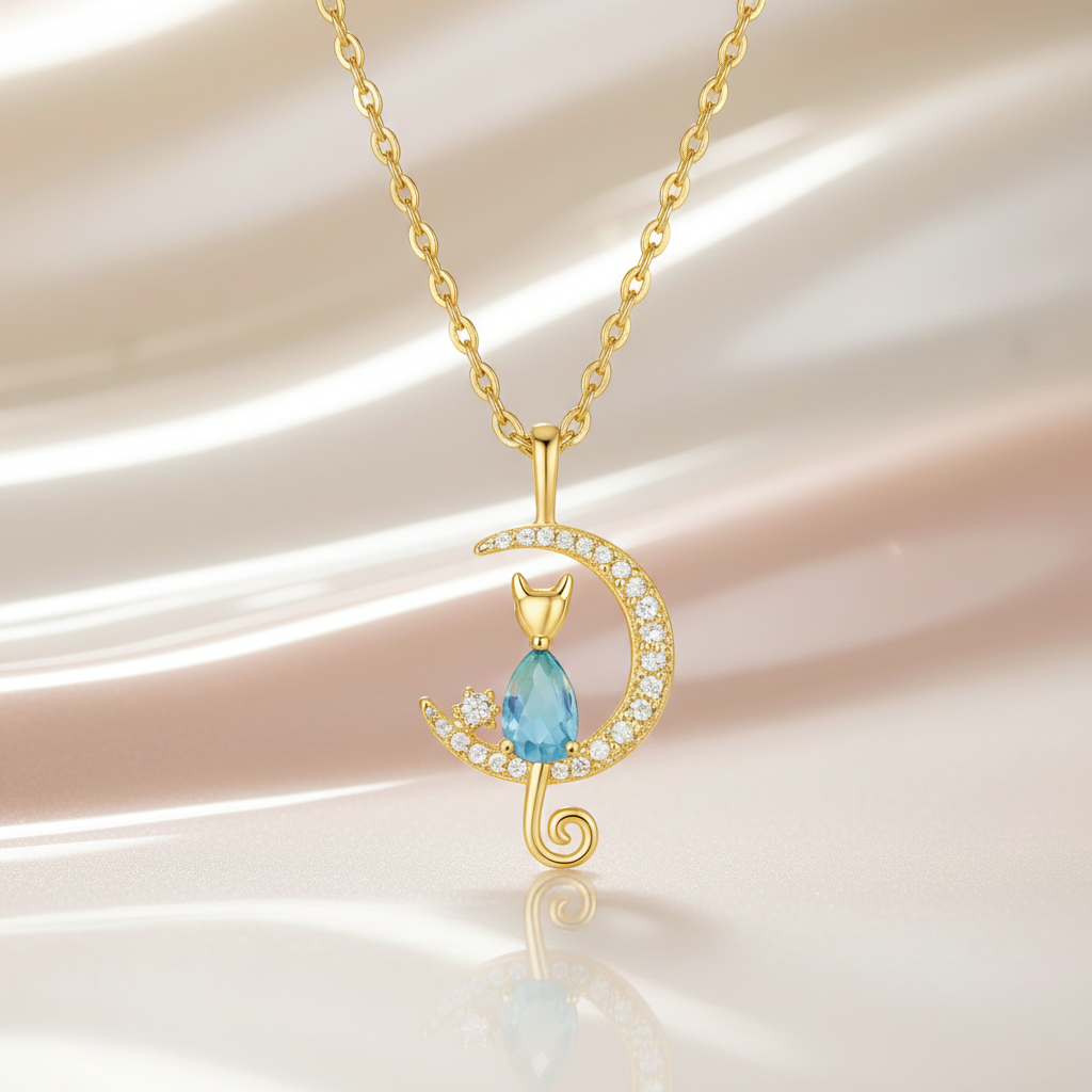 Collier Chat Lune – Plaqué Or 18 Carats & Zirconium