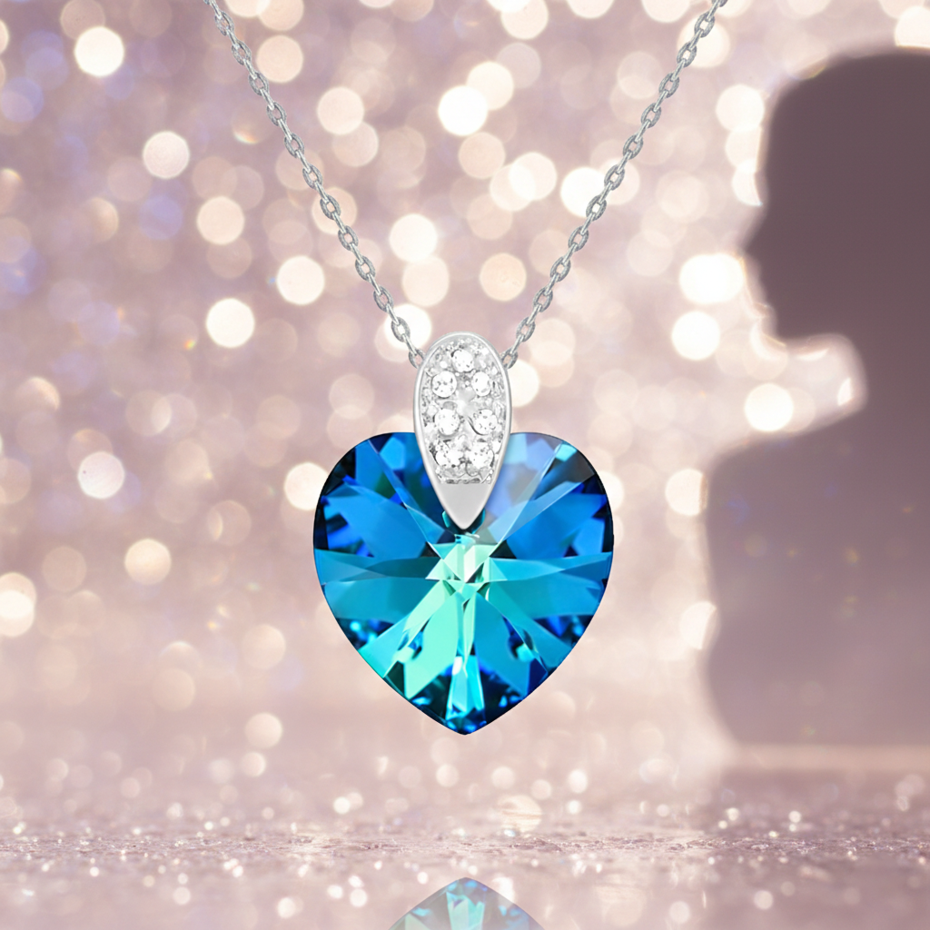 Collier Cœur en Argent 925 Rhodié & Cristal bleu/vert