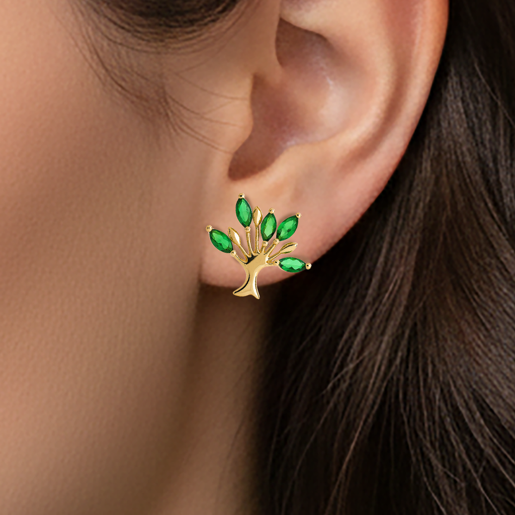 Boucles d’Oreilles Arbre de Vie – Plaqué Or & Pierres Zirconium Vert – Bijou Féminin Élégant