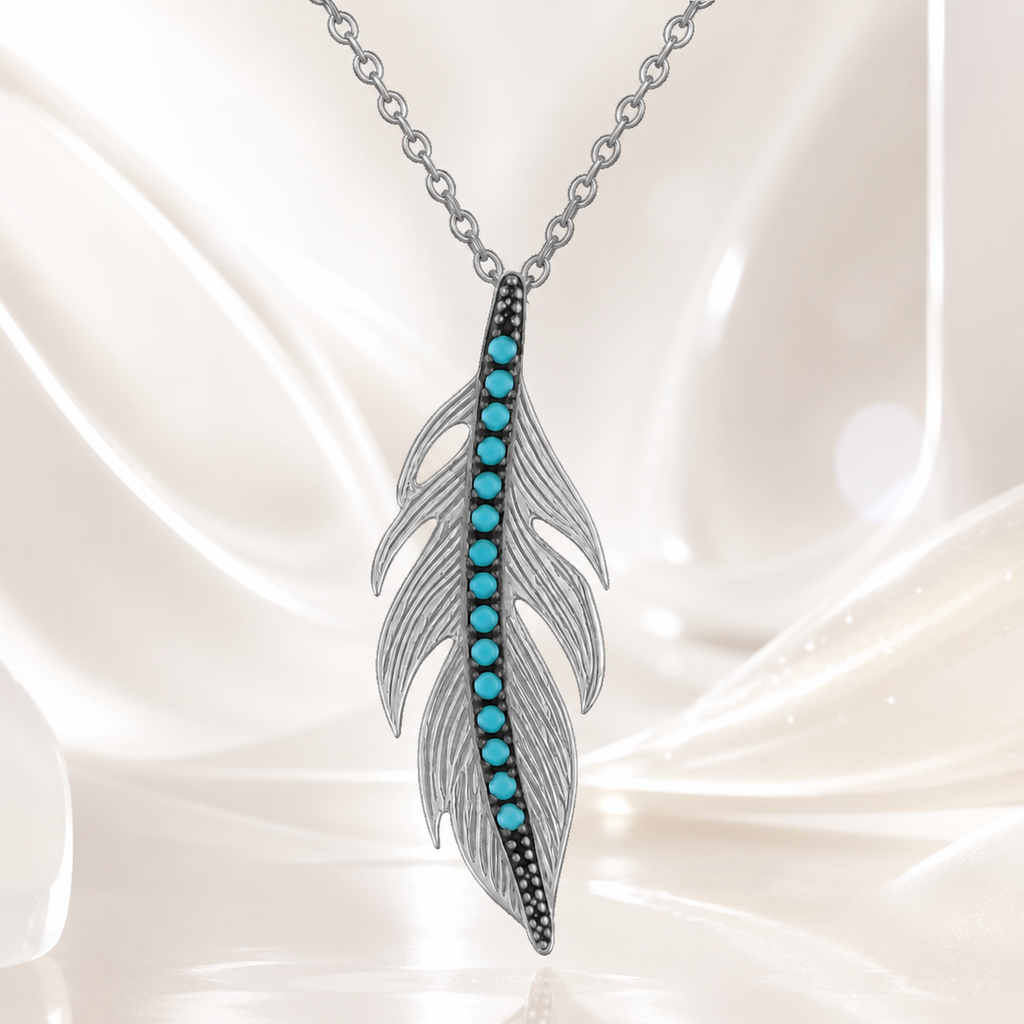 Collier Plume Argent 925 Rhodié & Turquoise Synthétique