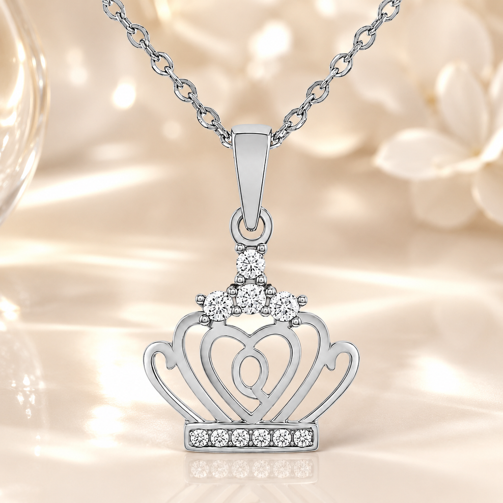 Collier Couronne Cœur Argent 925 Rhodié & Zirconiums