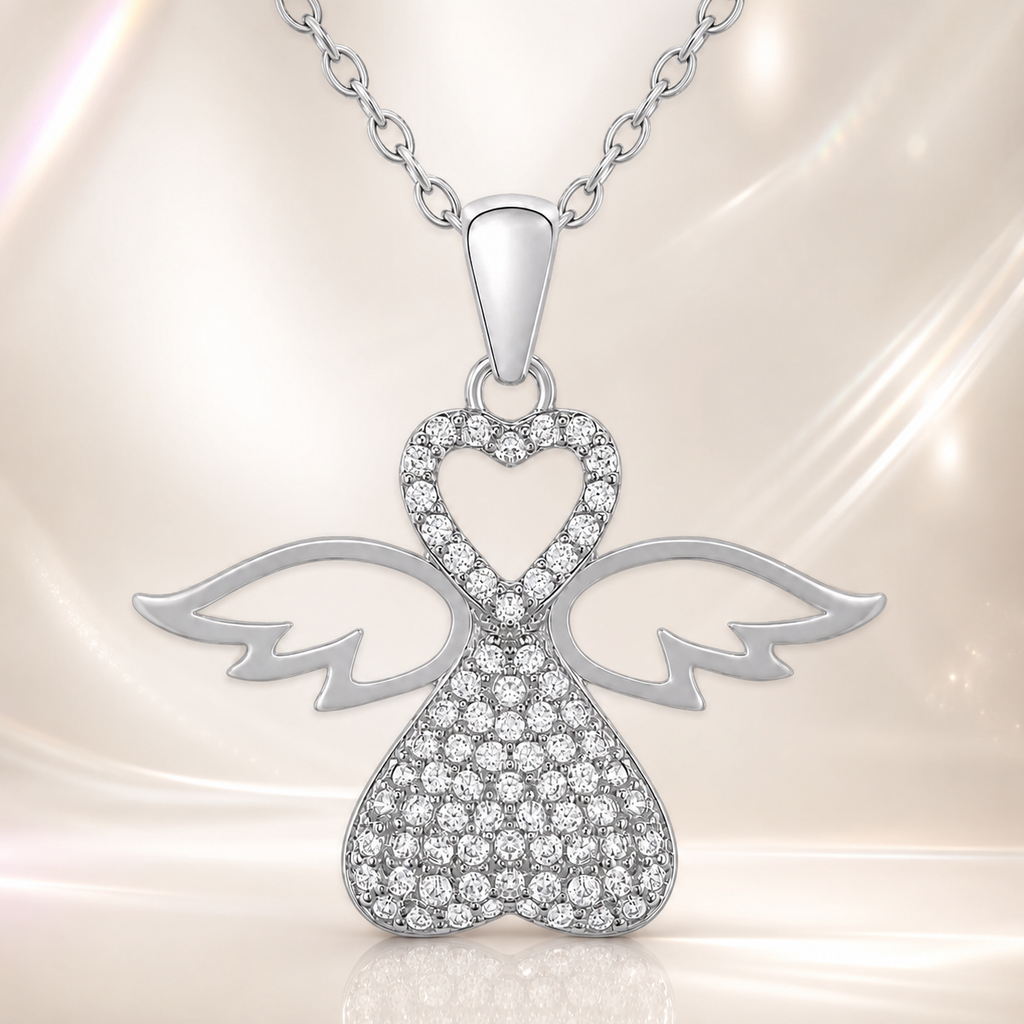 Collier Ange Cœur en Argent 925 Rhodié & Zirconiums