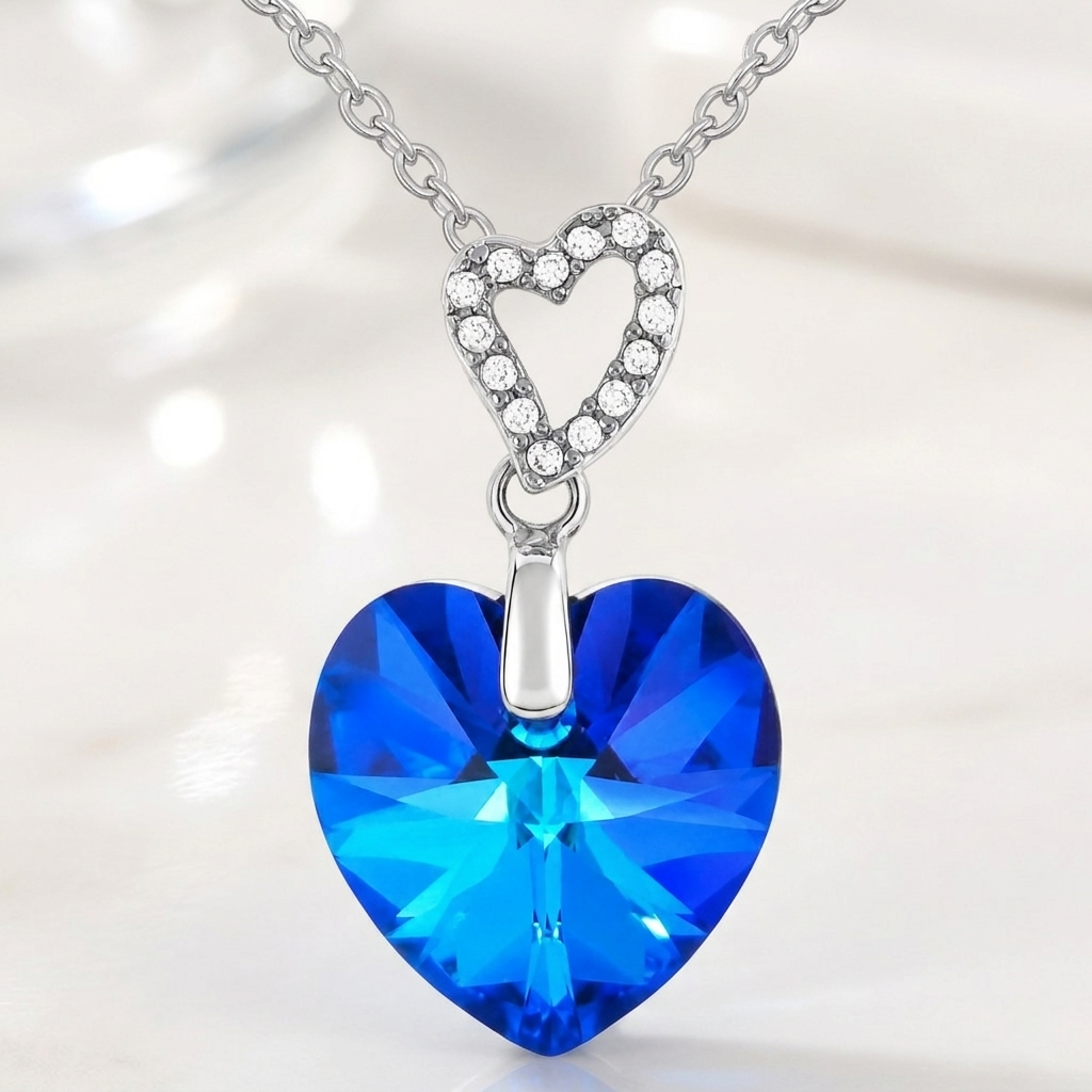 Collier Cœur Cristal Bleu & Argent 925 Rhodié