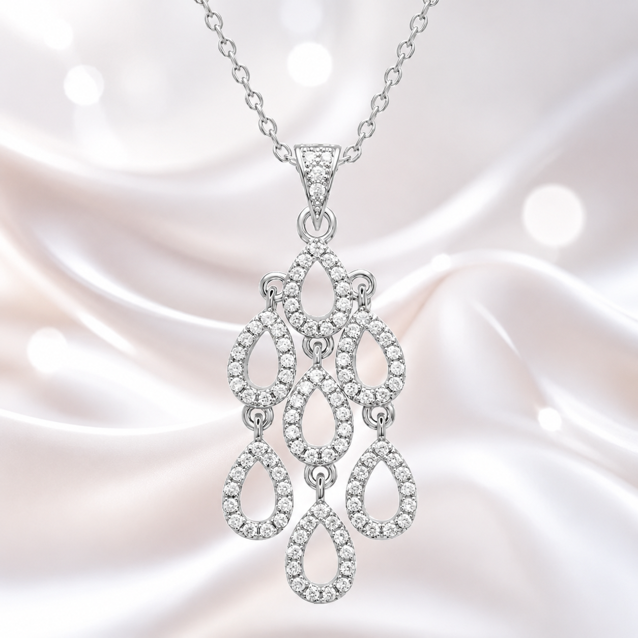 Collier en Argent 925 Rhodié & Zirconiums – Pendentif Gouttes Élégantes