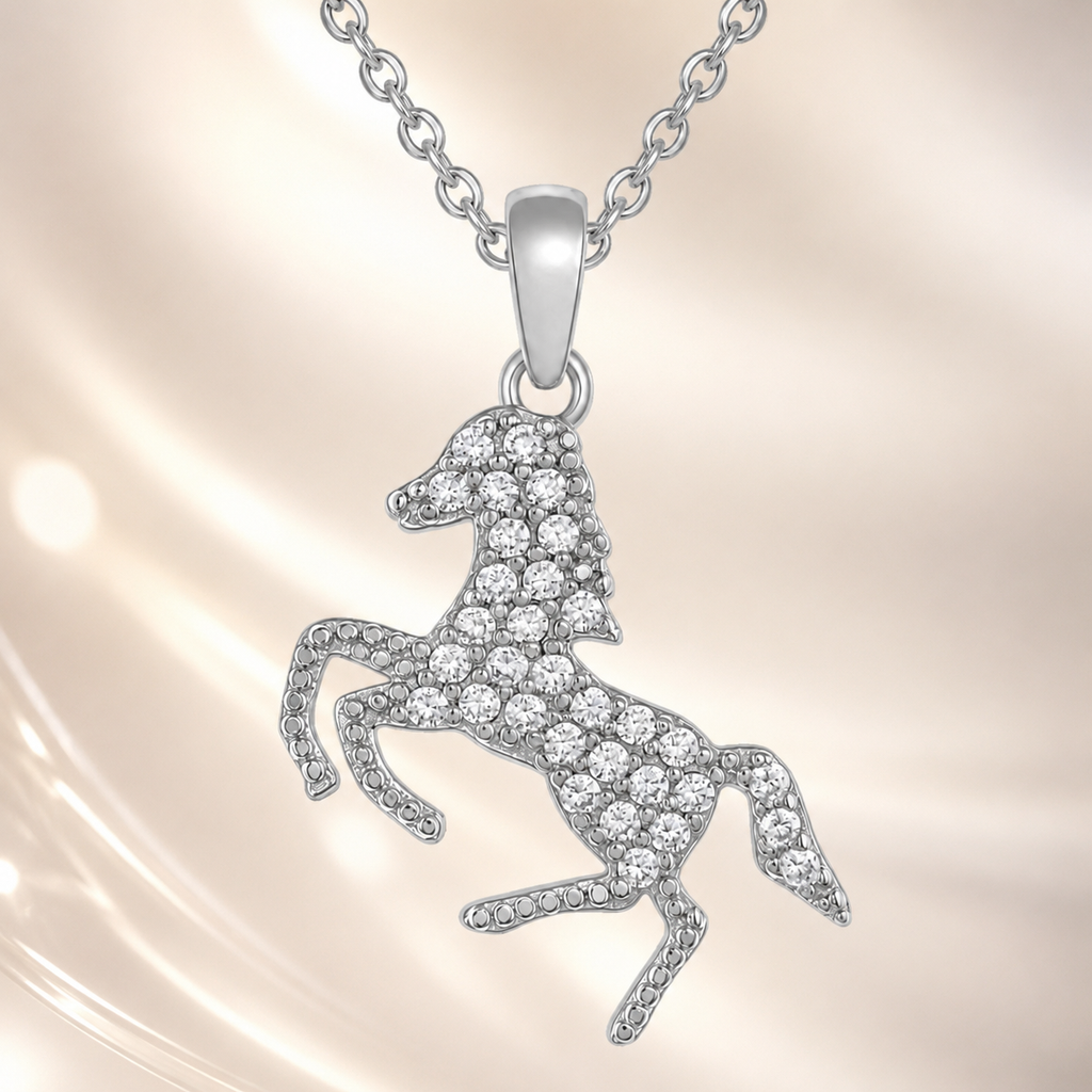 Collier Cheval en Argent 925 Rhodié & Zirconiums