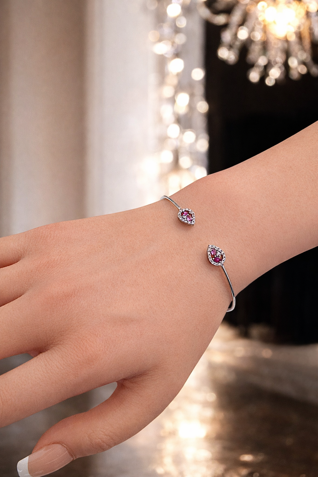 Bracelet ouvert en argent 925 rhodié & zirconiums roses