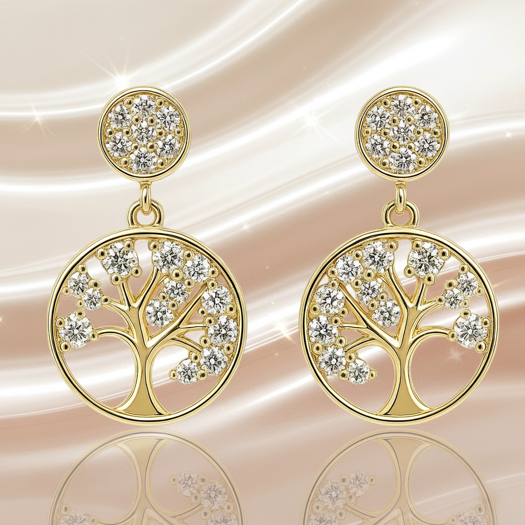 Boucles d’oreilles Arbre de Vie – Plaqué Or  & Zirconium – Élégance Symbolique