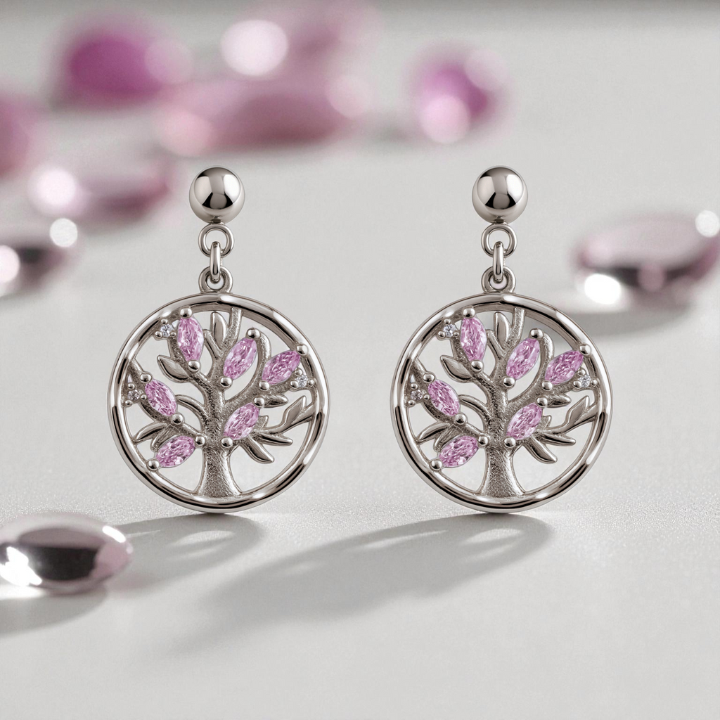 Boucles d’Oreilles Arbre de Vie en Argent Rhodié – Zirconium Rose & Blanc