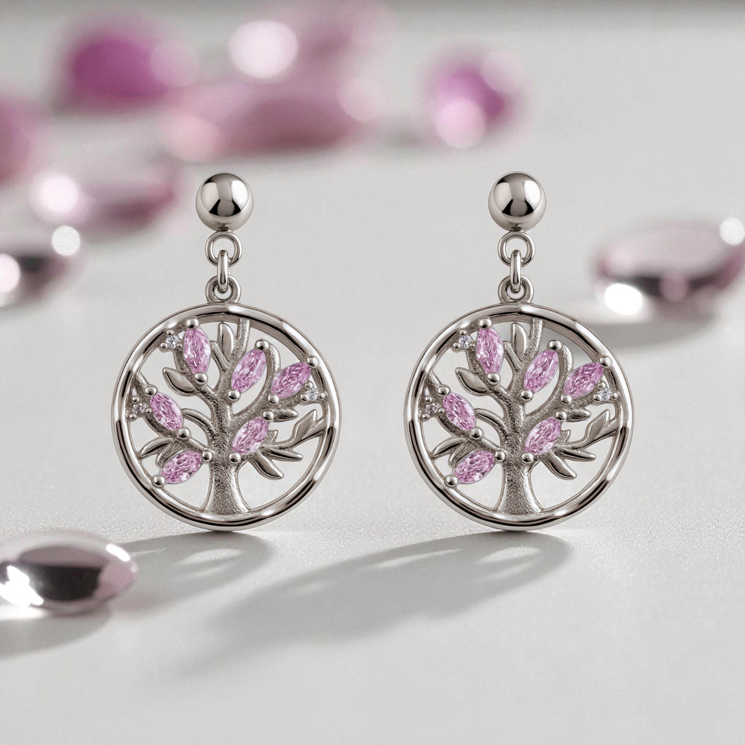 Boucles d’Oreilles Arbre de Vie en Argent Rhodié – Zirconium Rose & Blanc