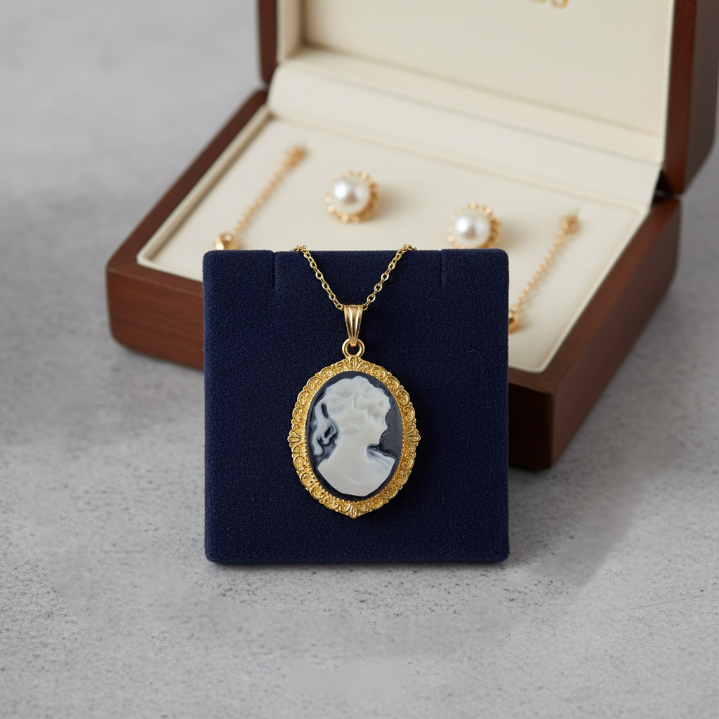 Collier Grand Camée noir – Plaqué Or | Bijou Vintage Élégant