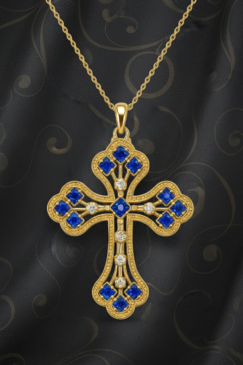 Collier Grande Croix Plaqué Or – Oxydes de Zirconium – Chaîne 40 + 5 cm