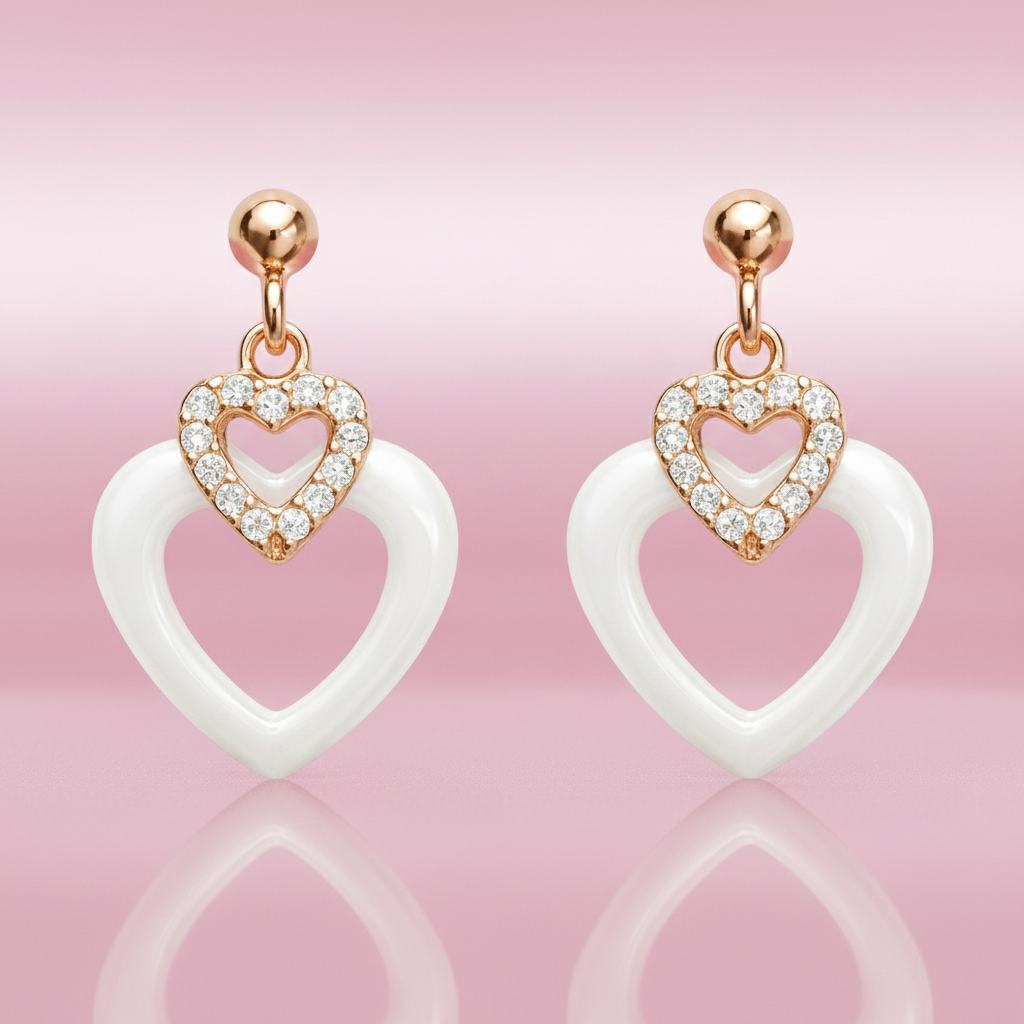 Boucles d’oreilles Cœur Céramique & Zirconium – Plaqué Or Rosé
