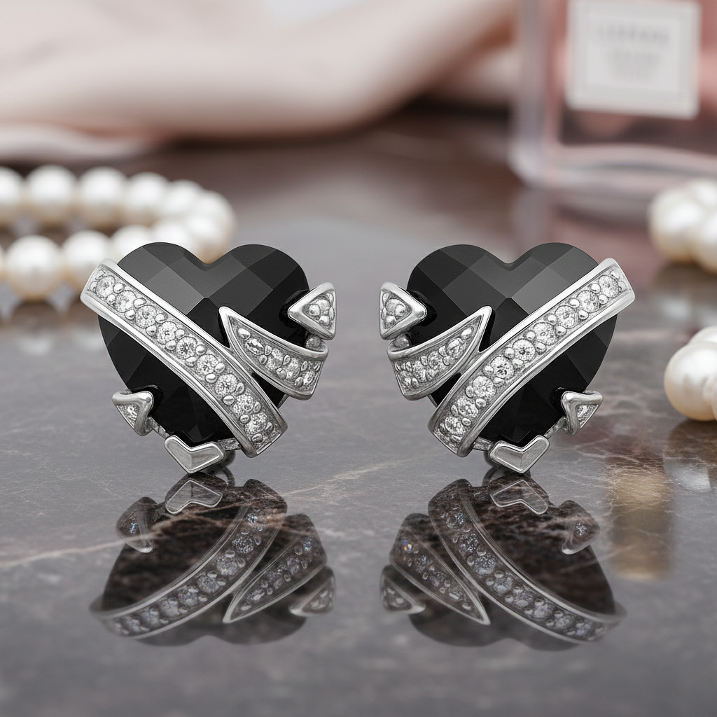 Boucles d’oreilles Cœur Onyx & Argent 925 Rhodié – Zirconiums Étincelants