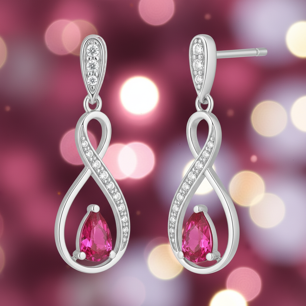 Boucles d’oreilles en argent rhodié – Zirconiums blancs & pierre rose poire | Élégance Infinity