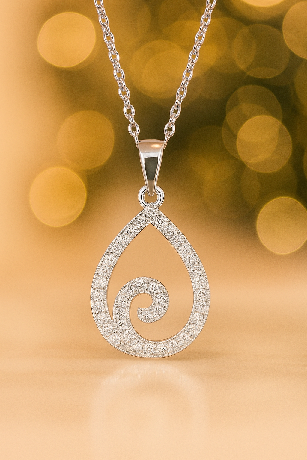 Collier en Argent 925 Rhodié & Zirconium – Pendentif Goutte Spirale Étincelante