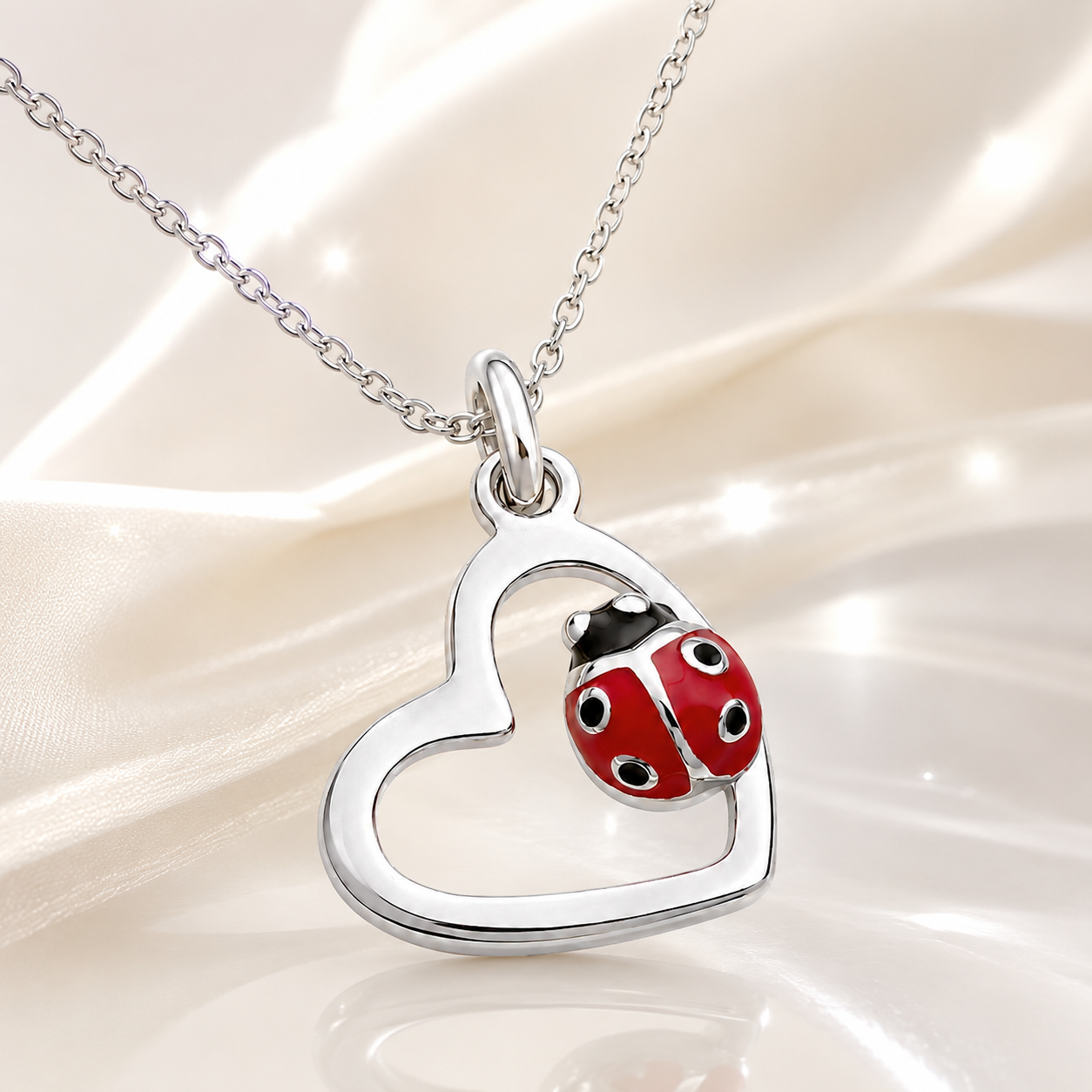 Collier Coccinelle Cœur en Argent 925 Rhodié & Laque Rouge